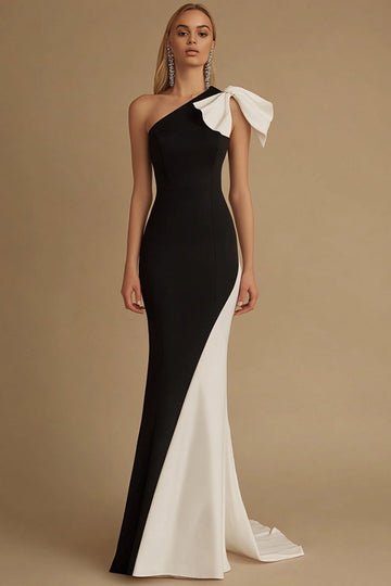 One Shoulder Black and White Sheath Evening Dress with Bow